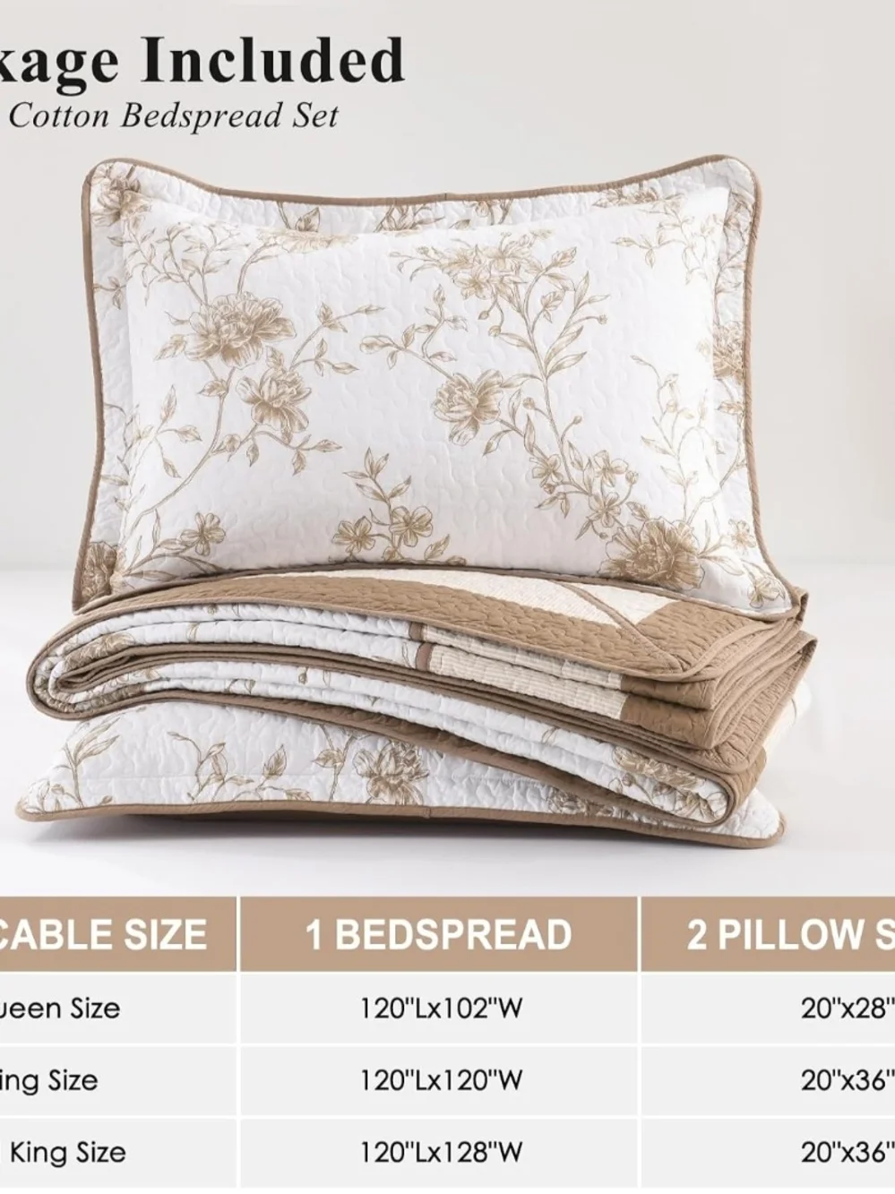 Reversible Floral Quilted 3pcs Bedding Set - Cream/Tan Beautiful